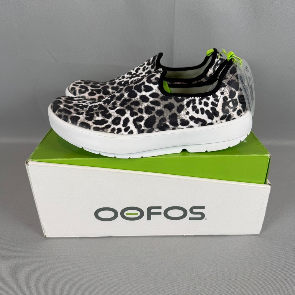 Oofos OOmg Eezee Recovery Sneakers Womens 11 Cheetah Slip-On Light Shoes New NIB